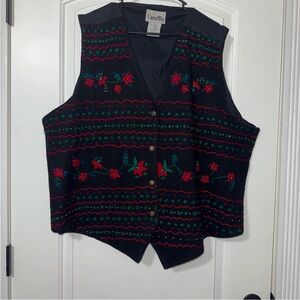 Vintage Capistrano Wool Blend Vest Size 26/28 Poinsettias Christmas